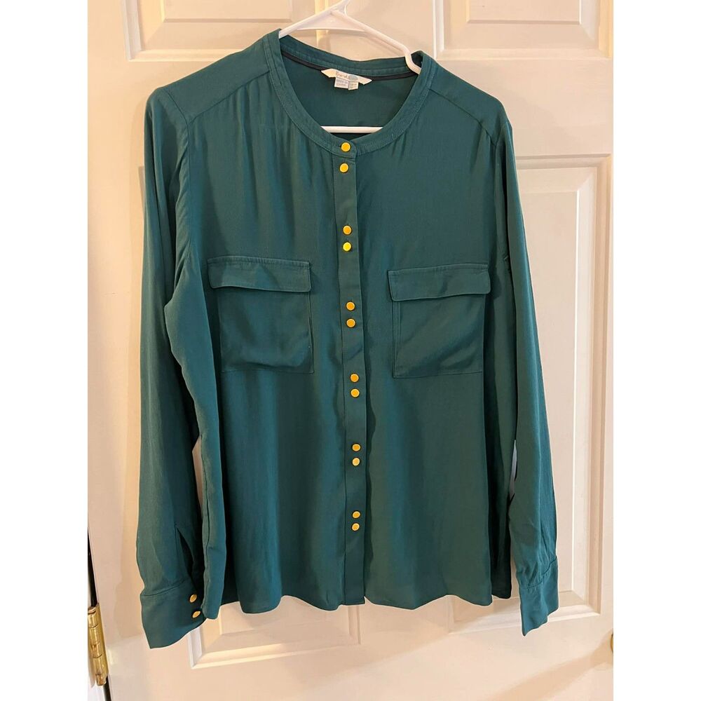 Boden Jewel Tone Teal Blouse Gold Button Utility Top US 14 UK 18 Minimalist